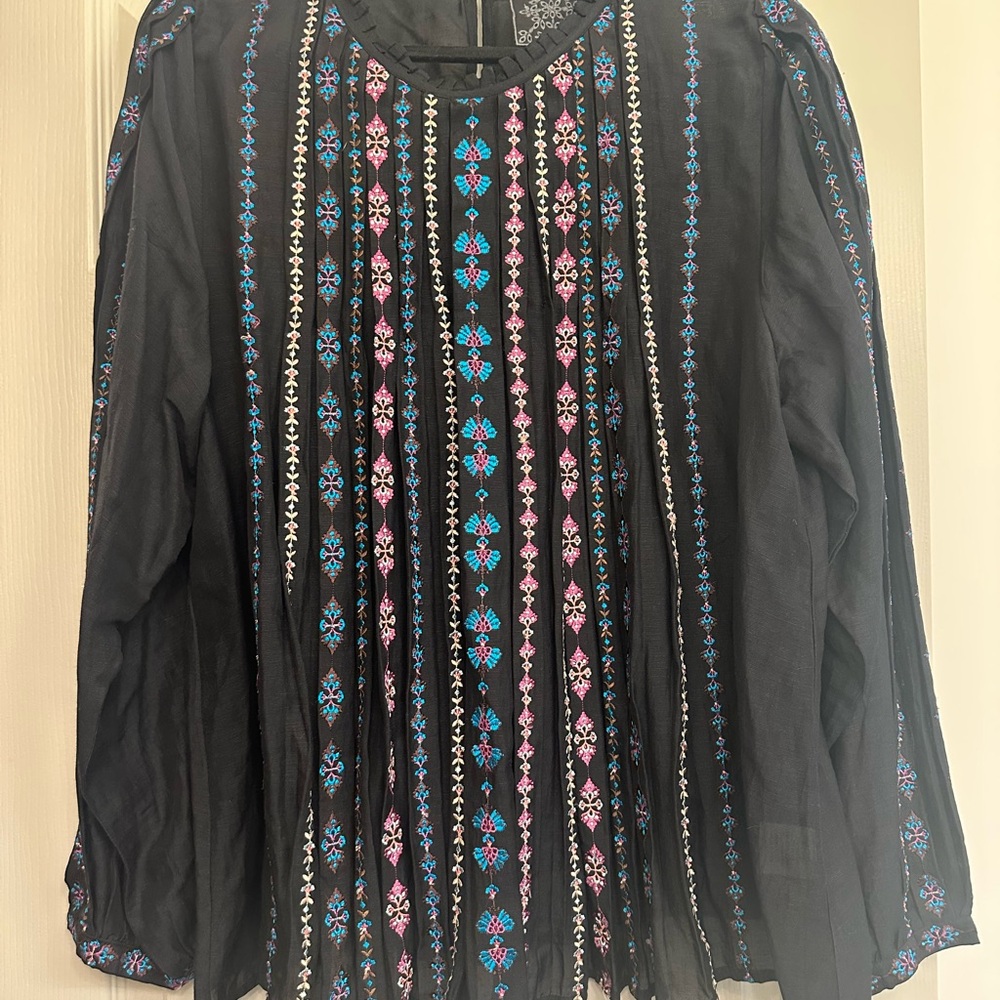 Johnny Was Black Blouse with Pink and Blue Embroidery